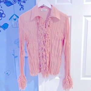 Vintage Kaelyn Max Crinkle Barbiecore Ruffle Pink Blouse Women’s Shirt Size S !!